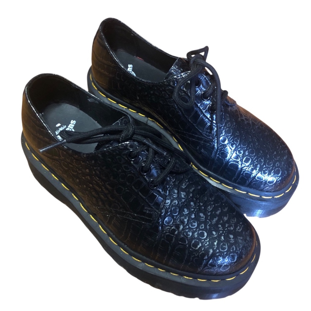 DR MARTENS 1461 quad croc emboss leather platform shoe in gunmetal